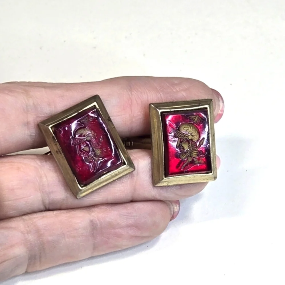 Vintage Centurian Cameo Cufflinks Reversed Carved Red Glass Goldtone Hardware